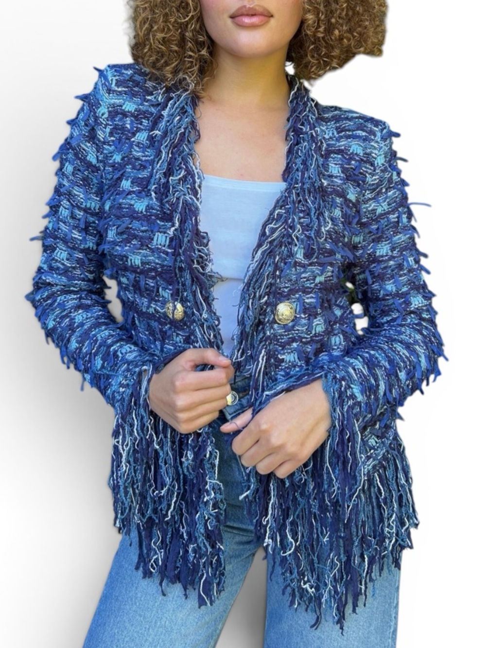 Fringed Blue Tweed Knit Blazer Jacket